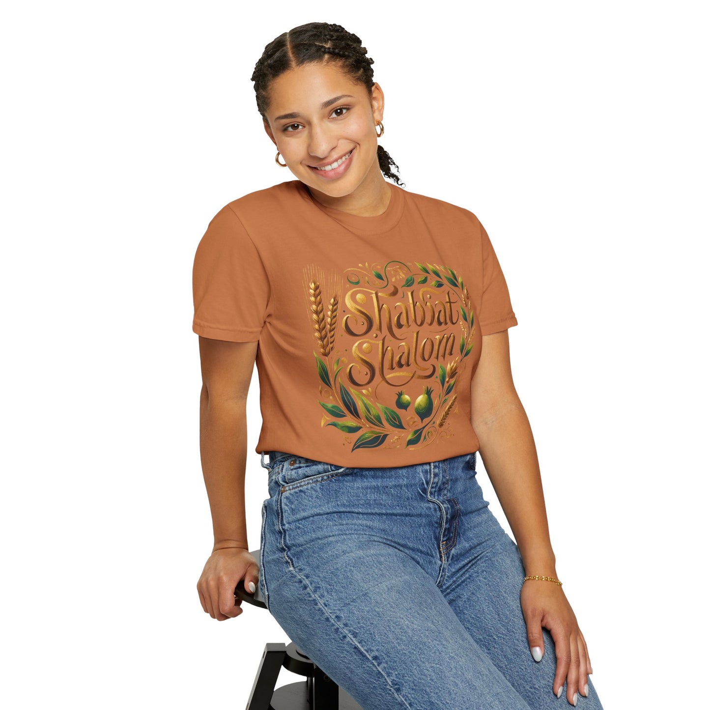 Shabbat Shalom T-Shirt | Garment-Dyed Hebrew Tee in Soft Gold, Olive Green & Cream | Jewish Spiritual Shirt | Comfy Shabbat Outfit Perfect