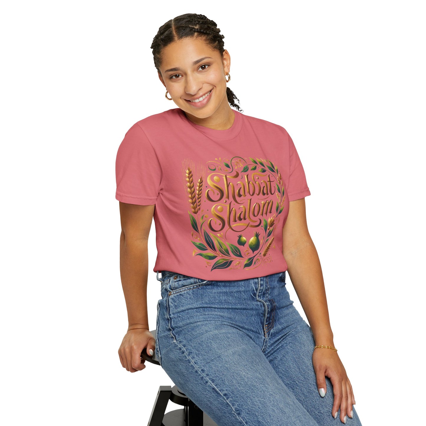 Shabbat Shalom T-Shirt | Garment-Dyed Hebrew Tee in Soft Gold, Olive Green & Cream | Jewish Spiritual Shirt | Comfy Shabbat Outfit Perfect