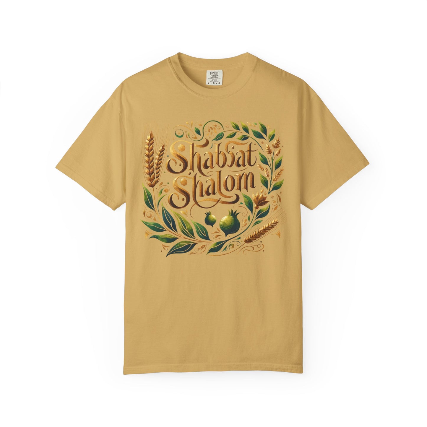 Shabbat Shalom T-Shirt | Garment-Dyed Hebrew Tee in Soft Gold, Olive Green & Cream | Jewish Spiritual Shirt | Comfy Shabbat Outfit Perfect