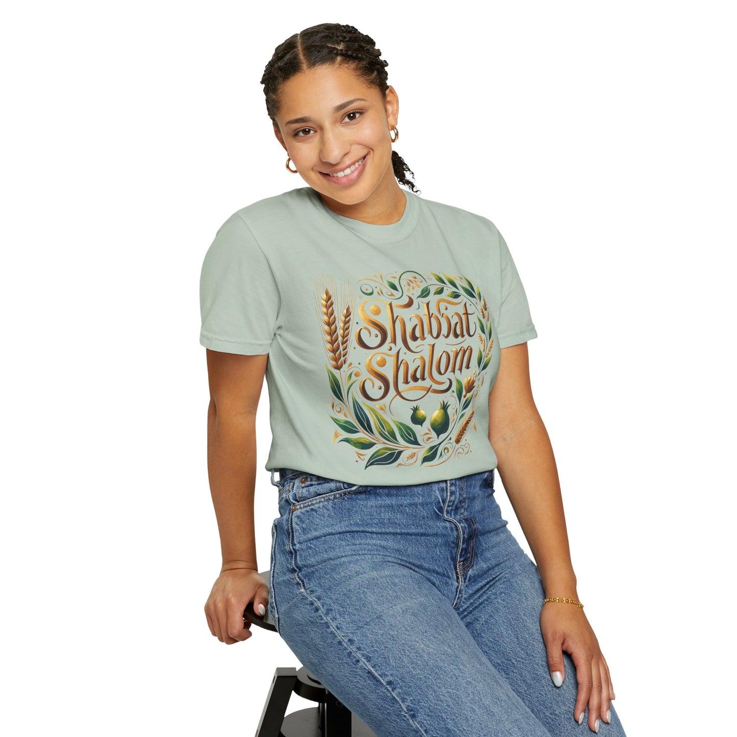 Shabbat Shalom T-Shirt | Garment-Dyed Hebrew Tee in Soft Gold, Olive Green & Cream | Jewish Spiritual Shirt | Comfy Shabbat Outfit Perfect