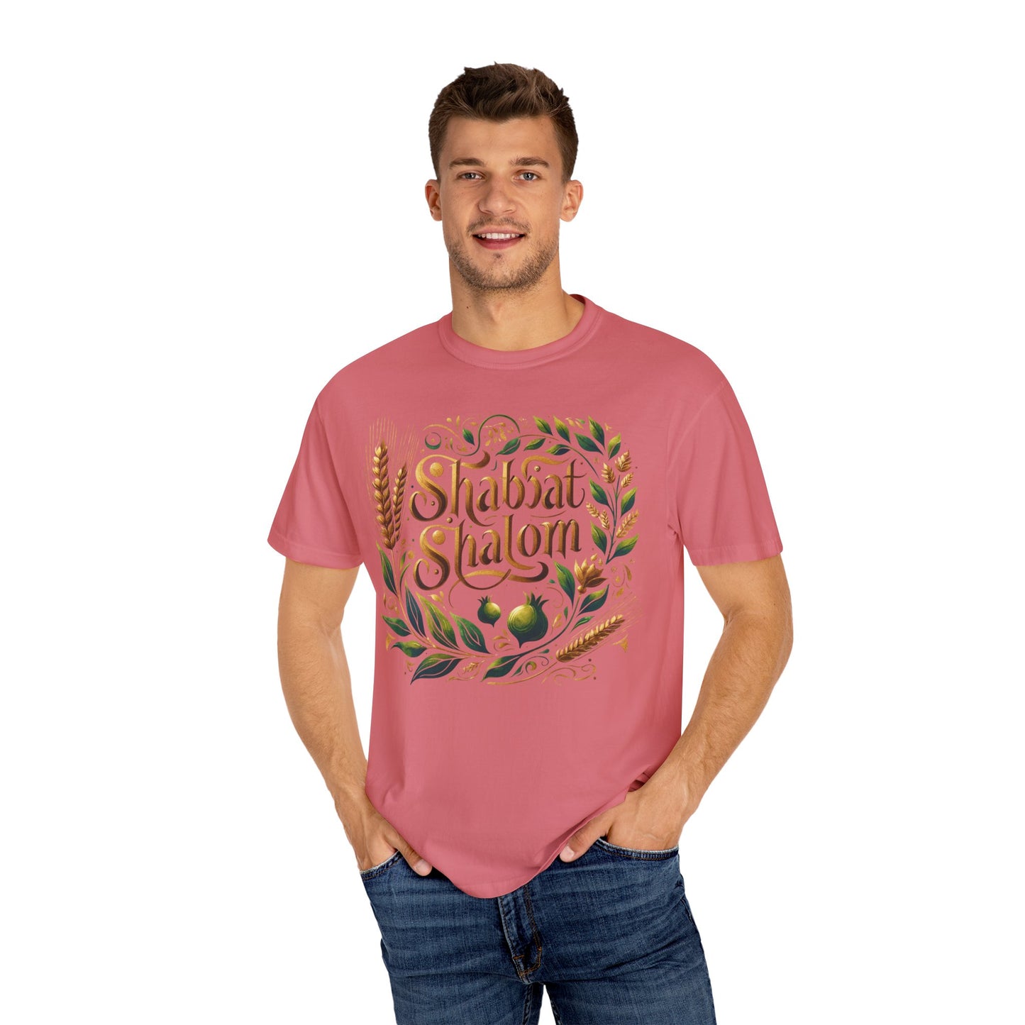 Shabbat Shalom T-Shirt | Garment-Dyed Hebrew Tee in Soft Gold, Olive Green & Cream | Jewish Spiritual Shirt | Comfy Shabbat Outfit Perfect