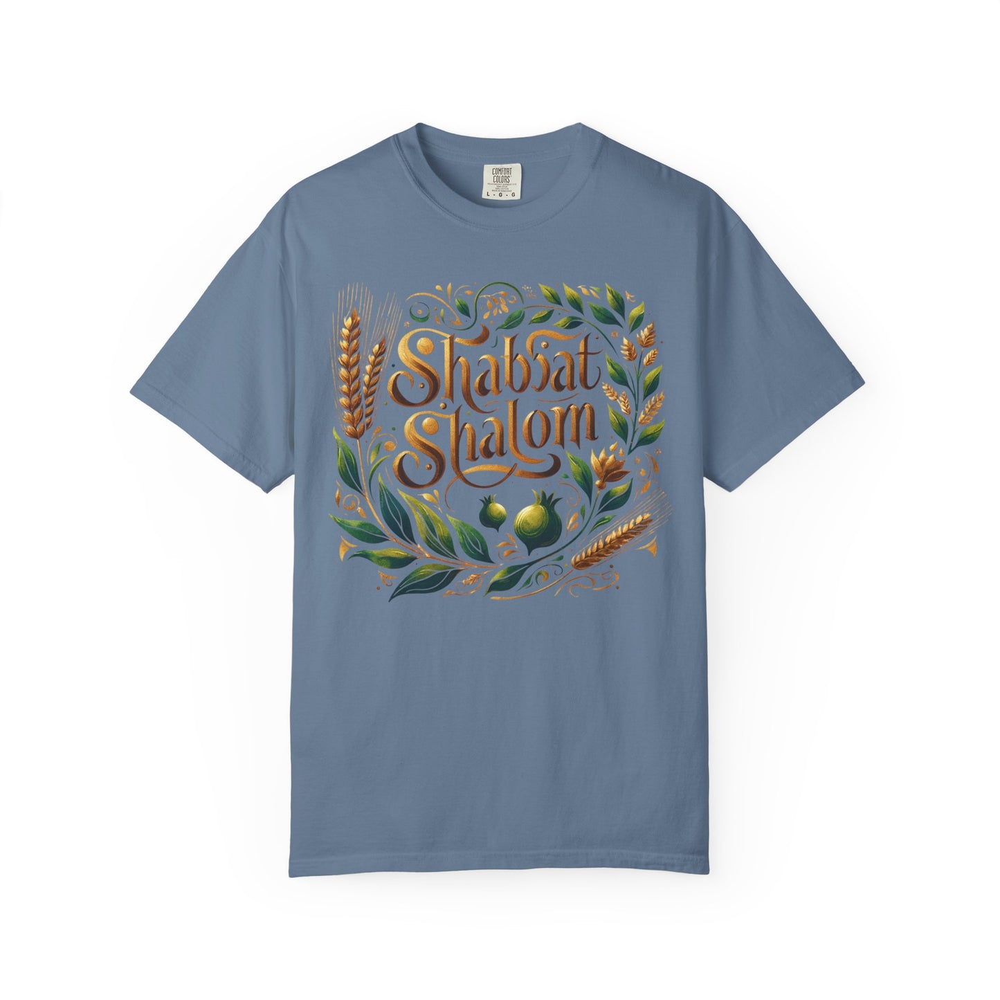 Shabbat Shalom T-Shirt | Garment-Dyed Hebrew Tee in Soft Gold, Olive Green & Cream | Jewish Spiritual Shirt | Comfy Shabbat Outfit Perfect