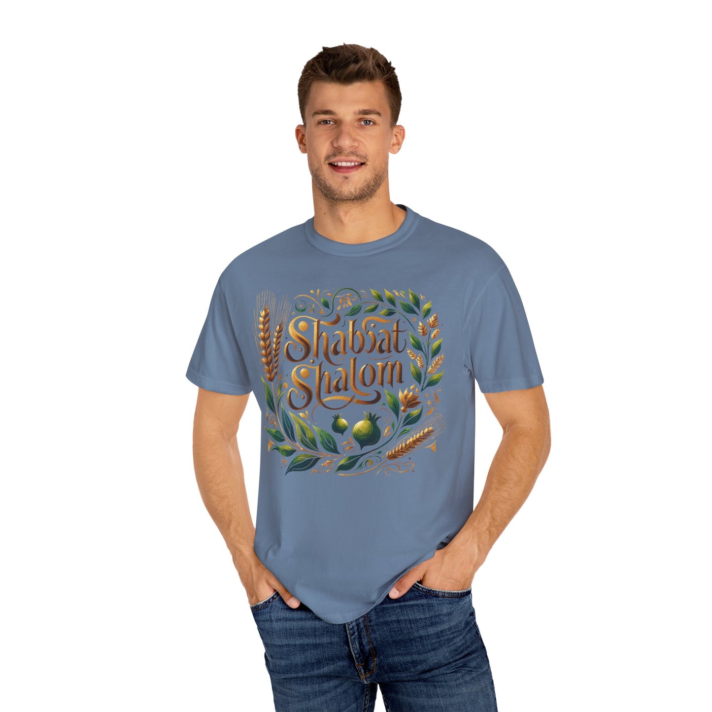 Shabbat Shalom T-Shirt | Garment-Dyed Hebrew Tee in Soft Gold, Olive Green & Cream | Jewish Spiritual Shirt | Comfy Shabbat Outfit Perfect