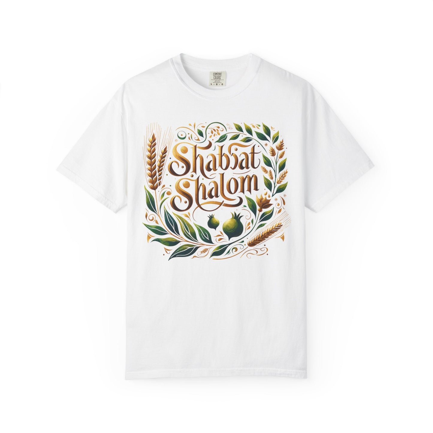 Shabbat Shalom T-Shirt | Garment-Dyed Hebrew Tee in Soft Gold, Olive Green & Cream | Jewish Spiritual Shirt | Comfy Shabbat Outfit Perfect