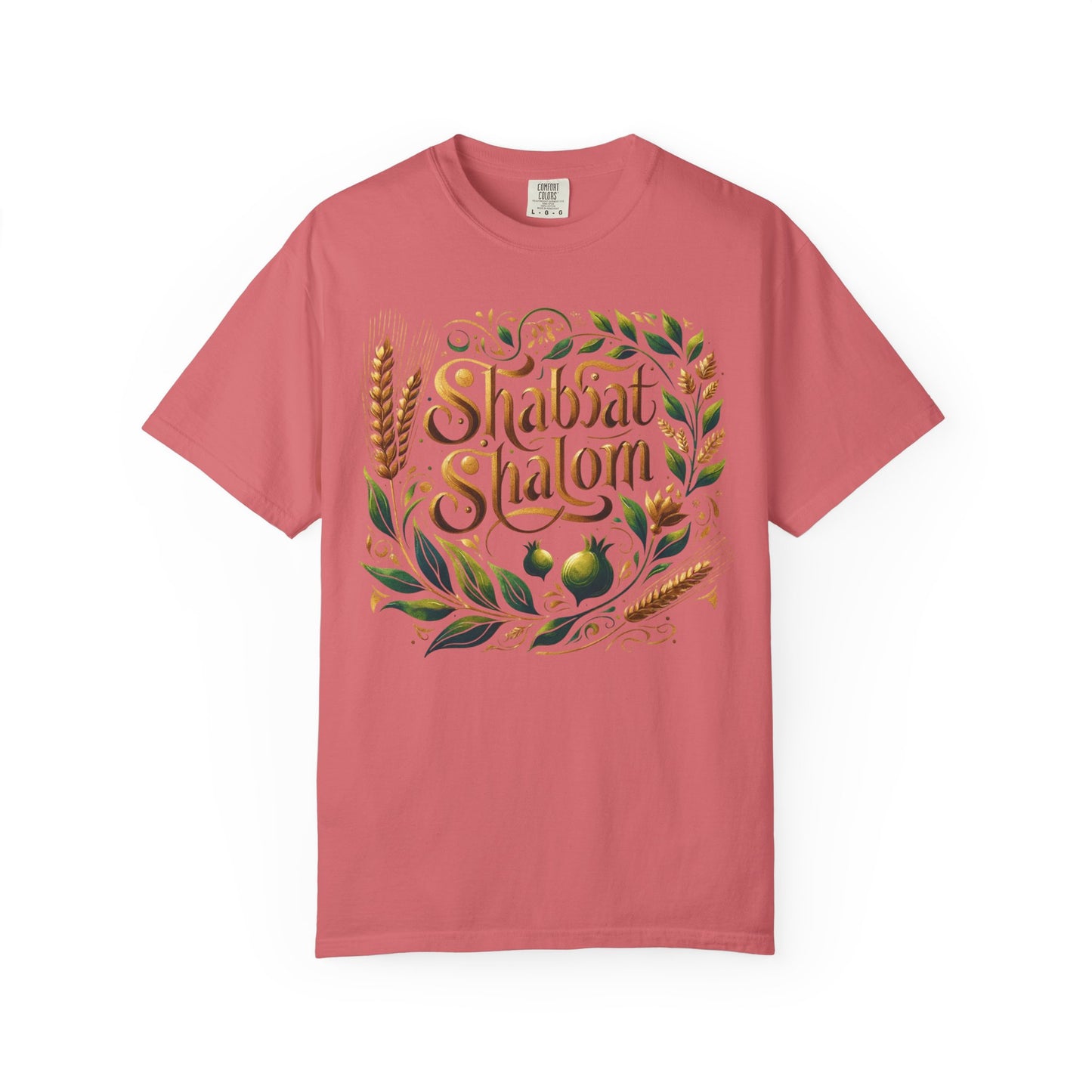 Shabbat Shalom T-Shirt | Garment-Dyed Hebrew Tee in Soft Gold, Olive Green & Cream | Jewish Spiritual Shirt | Comfy Shabbat Outfit Perfect