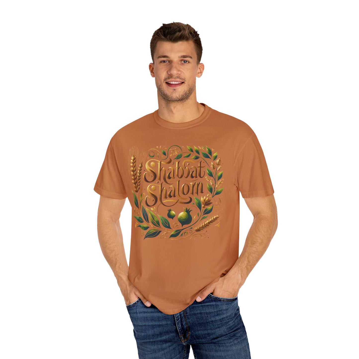 Shabbat Shalom T-Shirt | Garment-Dyed Hebrew Tee in Soft Gold, Olive Green & Cream | Jewish Spiritual Shirt | Comfy Shabbat Outfit Perfect