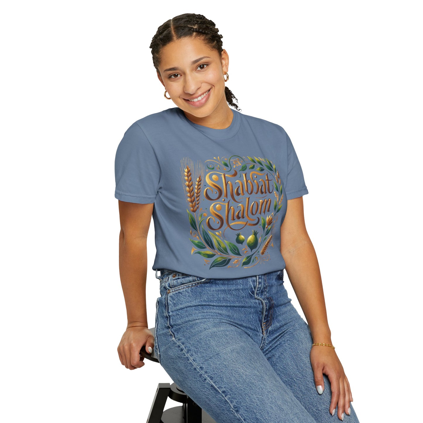 Shabbat Shalom T-Shirt | Garment-Dyed Hebrew Tee in Soft Gold, Olive Green & Cream | Jewish Spiritual Shirt | Comfy Shabbat Outfit Perfect
