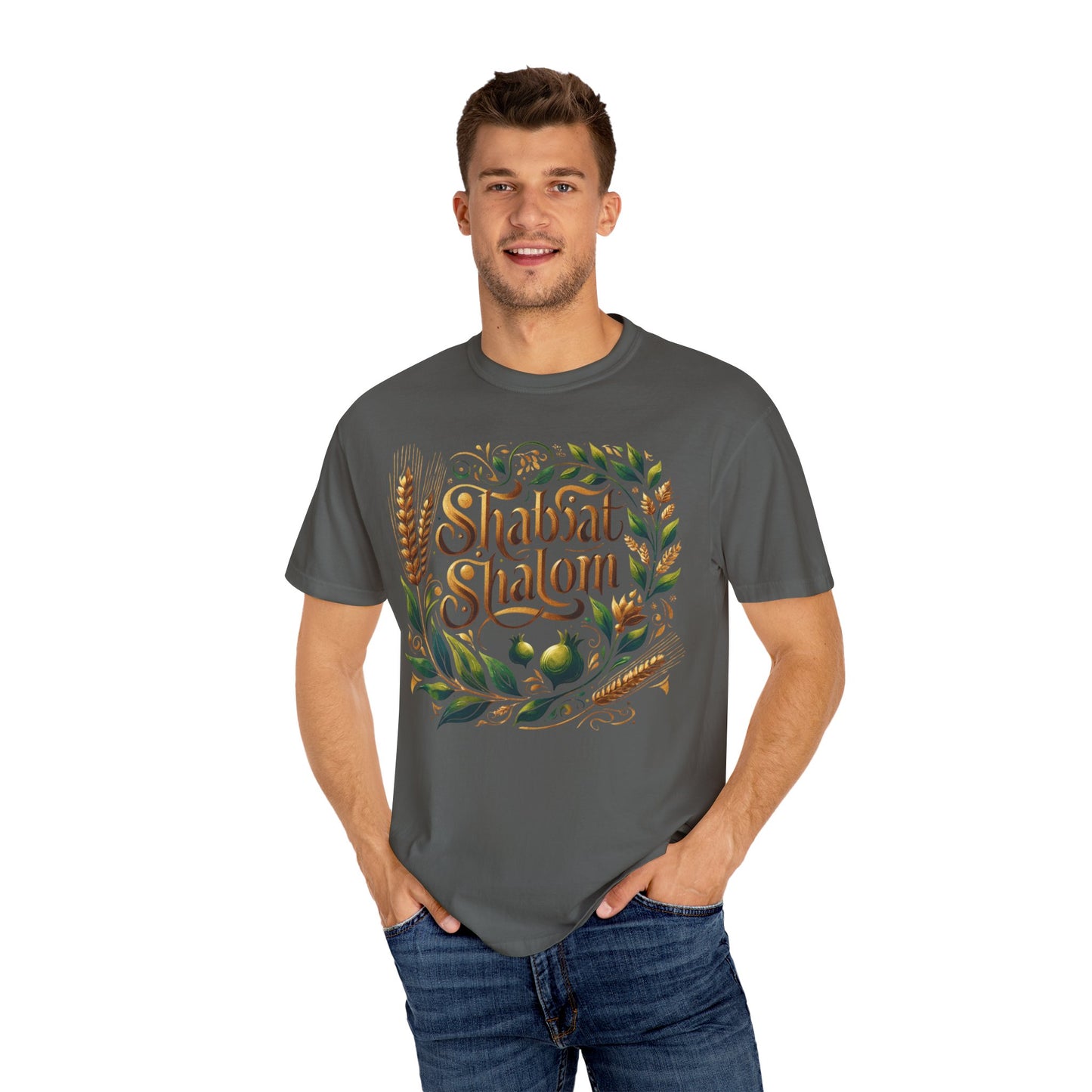 Shabbat Shalom T-Shirt | Garment-Dyed Hebrew Tee in Soft Gold, Olive Green & Cream | Jewish Spiritual Shirt | Comfy Shabbat Outfit Perfect
