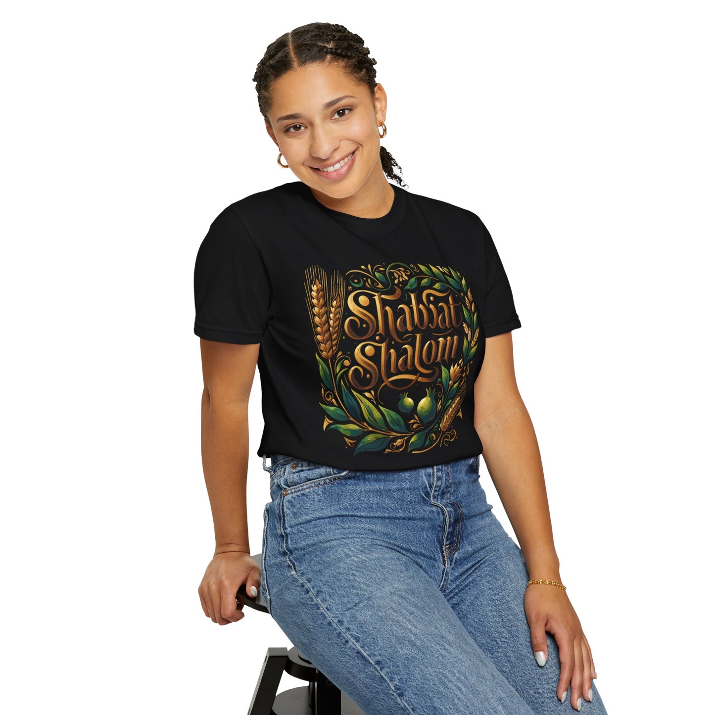 Shabbat Shalom T-Shirt | Garment-Dyed Hebrew Tee in Soft Gold, Olive Green & Cream | Jewish Spiritual Shirt | Comfy Shabbat Outfit Perfect