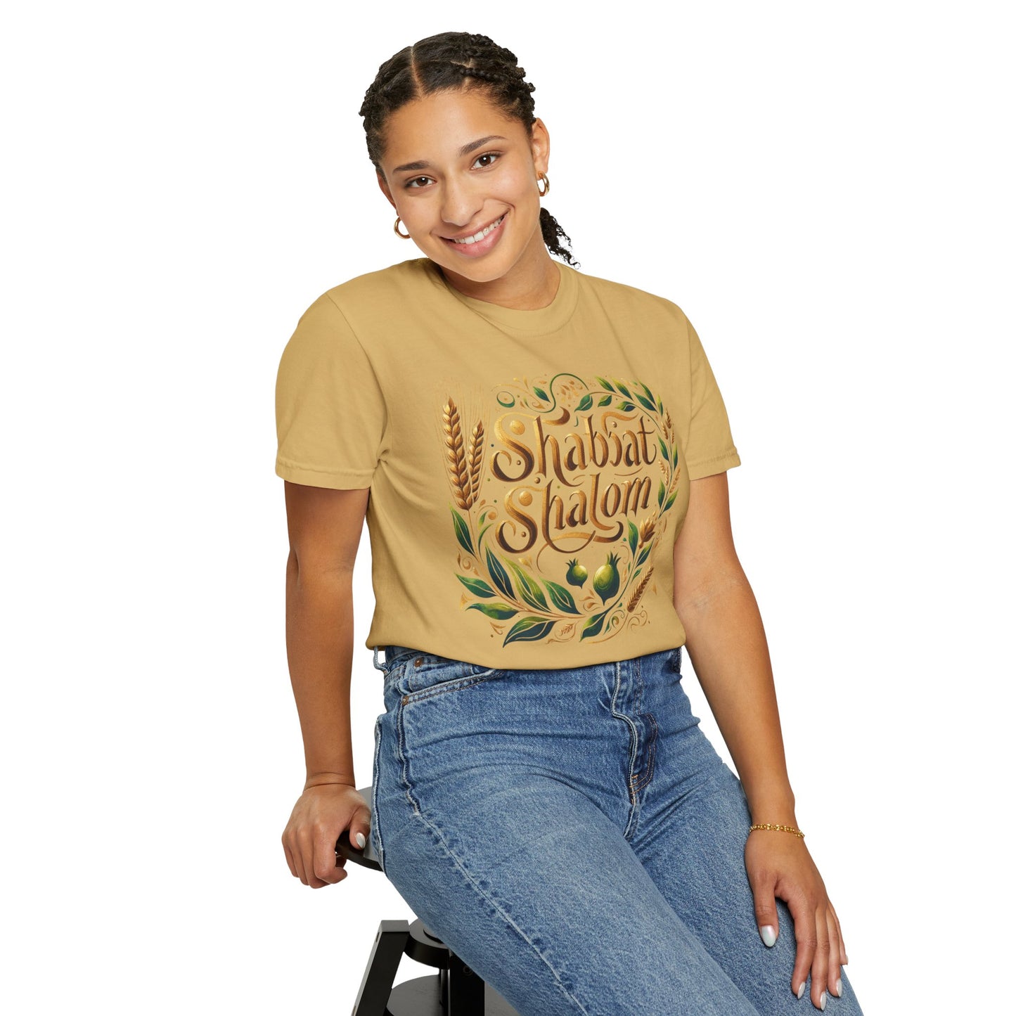 Shabbat Shalom T-Shirt | Garment-Dyed Hebrew Tee in Soft Gold, Olive Green & Cream | Jewish Spiritual Shirt | Comfy Shabbat Outfit Perfect