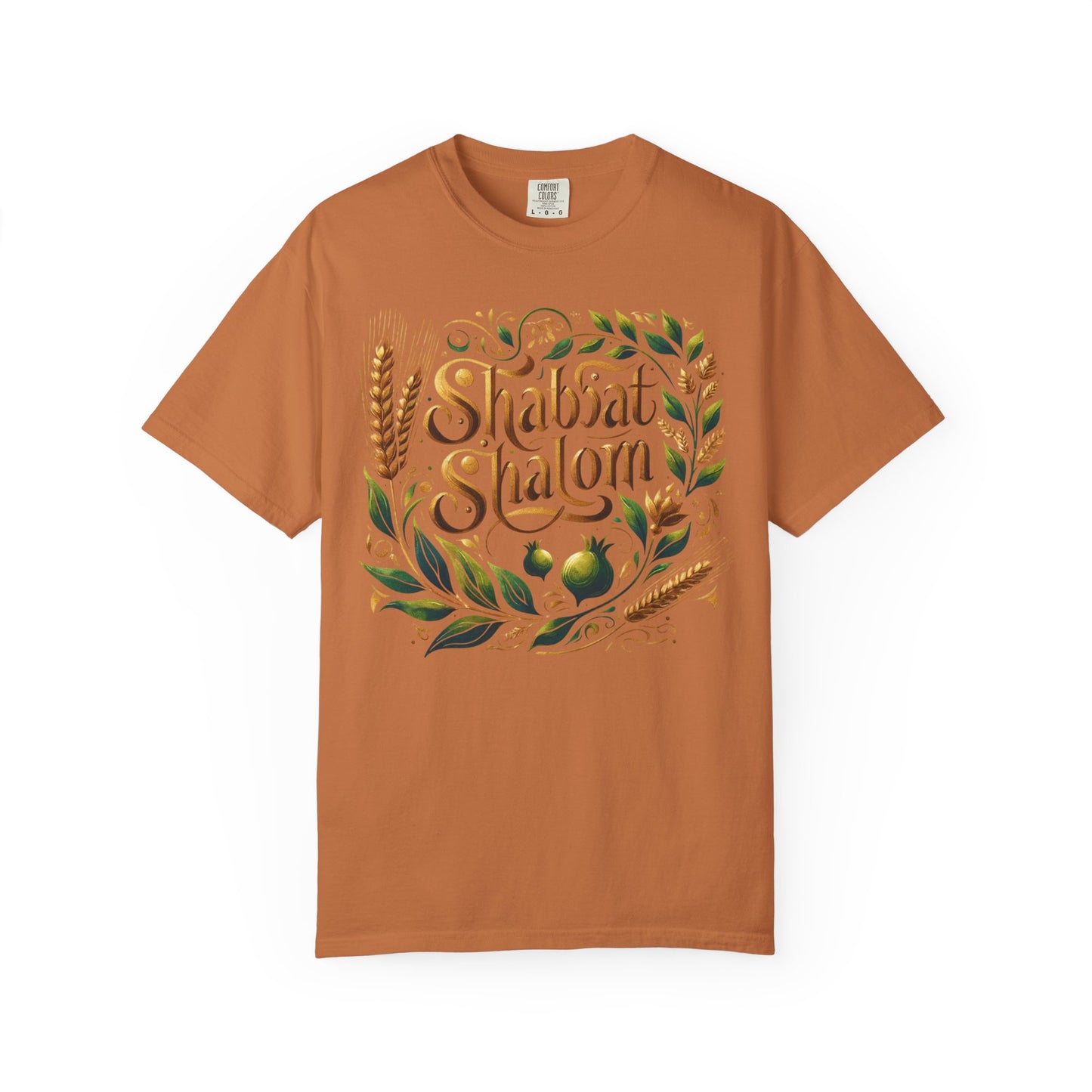 Shabbat Shalom T-Shirt | Garment-Dyed Hebrew Tee in Soft Gold, Olive Green & Cream | Jewish Spiritual Shirt | Comfy Shabbat Outfit Perfect