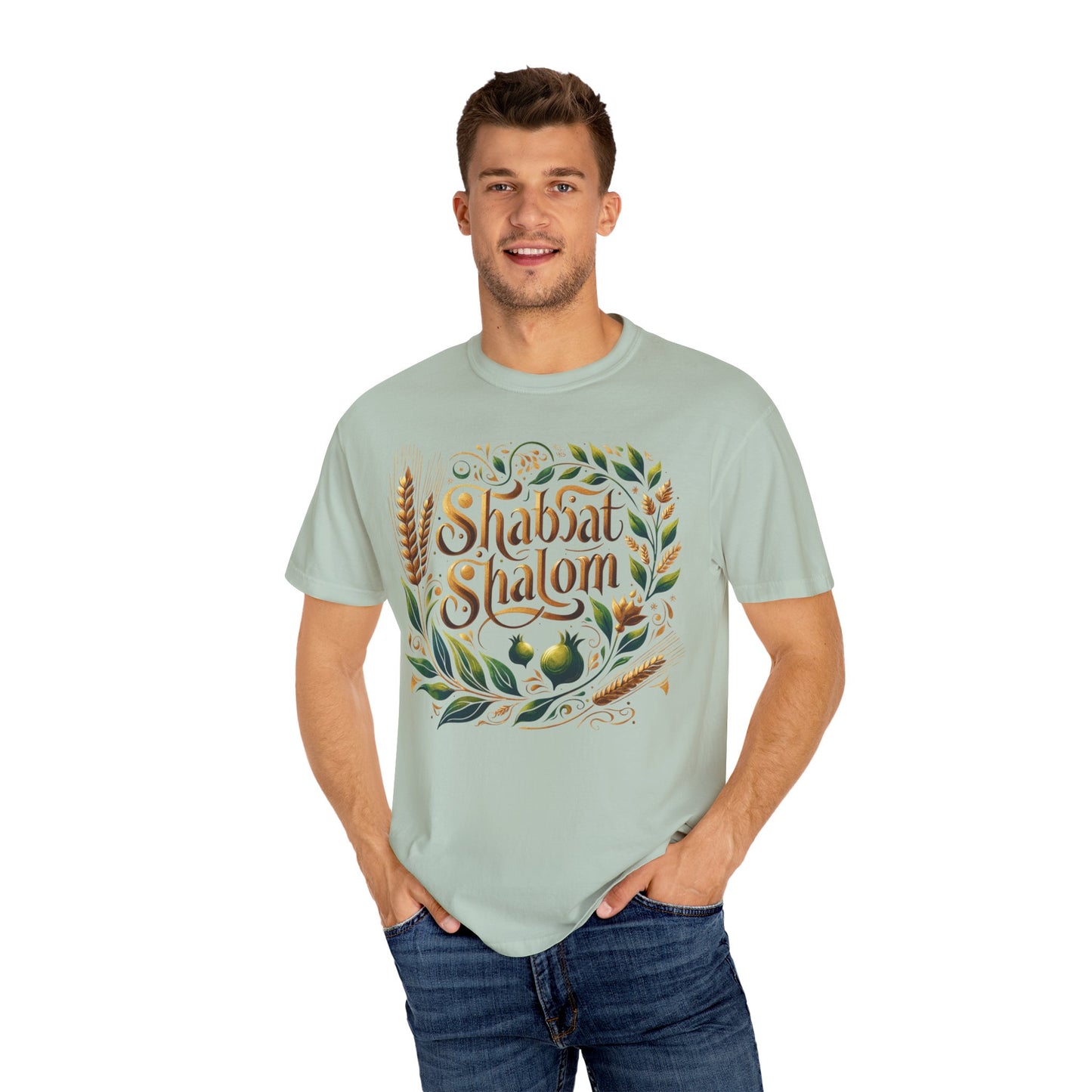 Shabbat Shalom T-Shirt | Garment-Dyed Hebrew Tee in Soft Gold, Olive Green & Cream | Jewish Spiritual Shirt | Comfy Shabbat Outfit Perfect