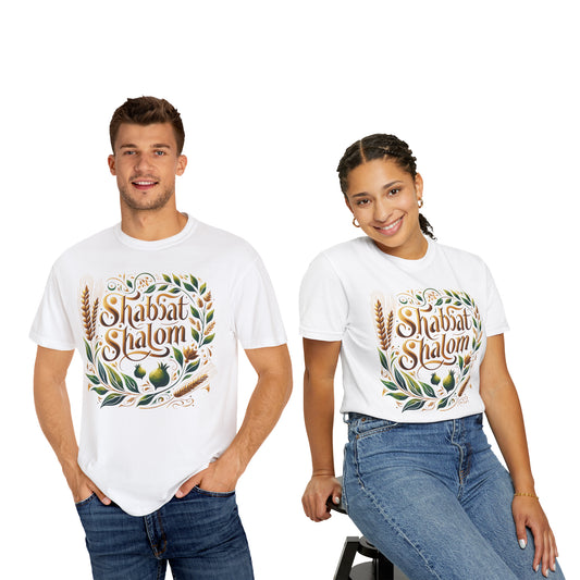 Shabbat Shalom T-Shirt | Garment-Dyed Hebrew Tee in Soft Gold, Olive Green & Cream | Jewish Spiritual Shirt | Comfy Shabbat Outfit Perfect