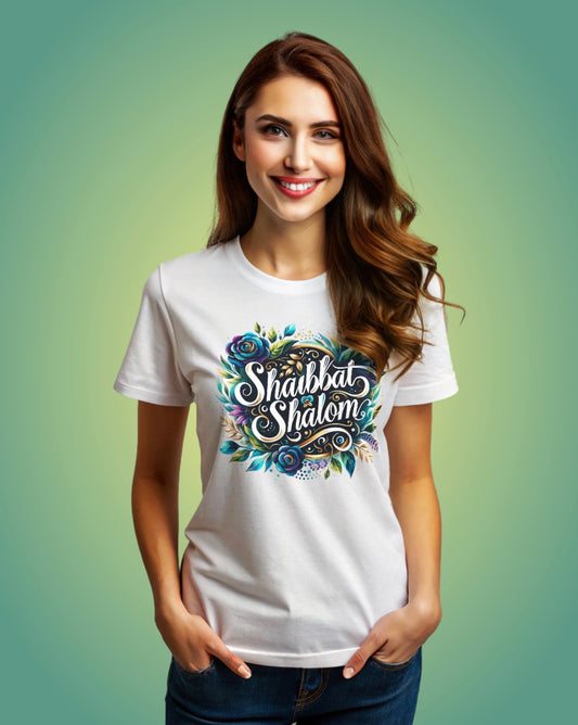 Shabbat Shalom Women’s Relaxed T-Shirt | Elegant Hebrew Script Tee | Jewish Shabbat Shirt in Deep Blue or Emerald Green